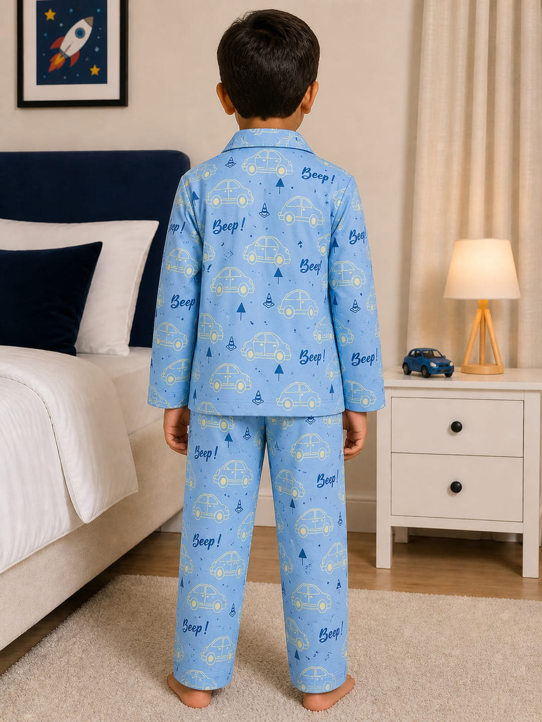 Tiny Wheels Glow In The Dark Light Blue Print Long Sleeve Kids Night Suit
