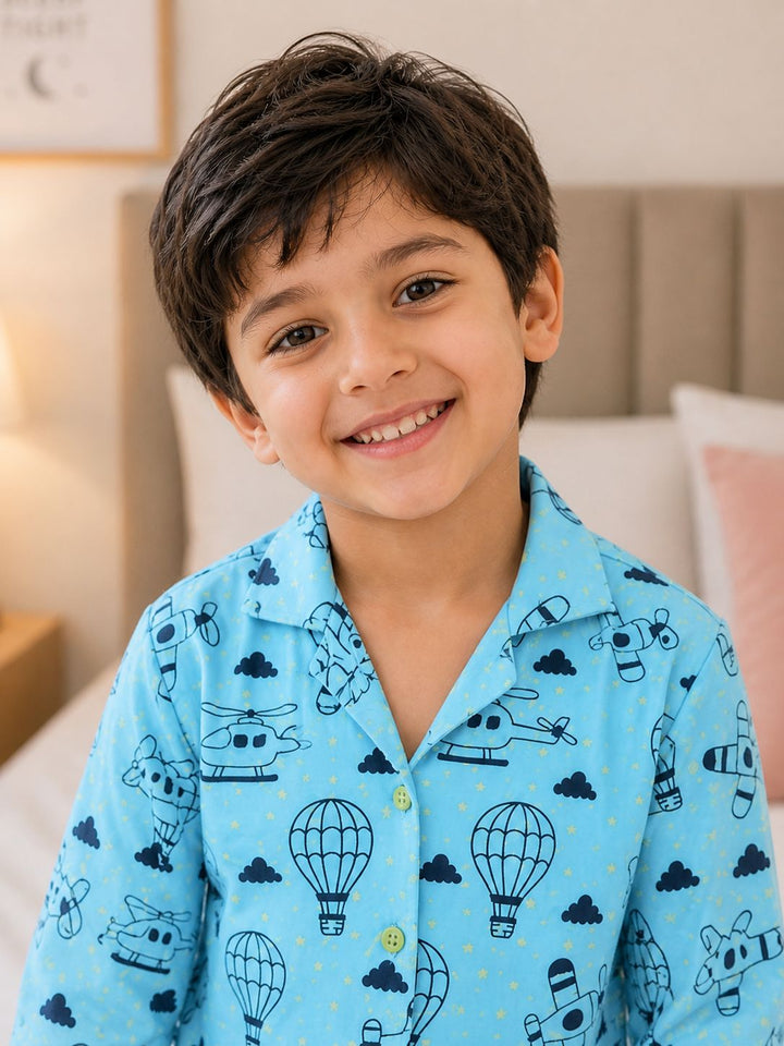Flying Dreams Glow In The Dark Light Blue Print Long Sleeve Kids Night Suit