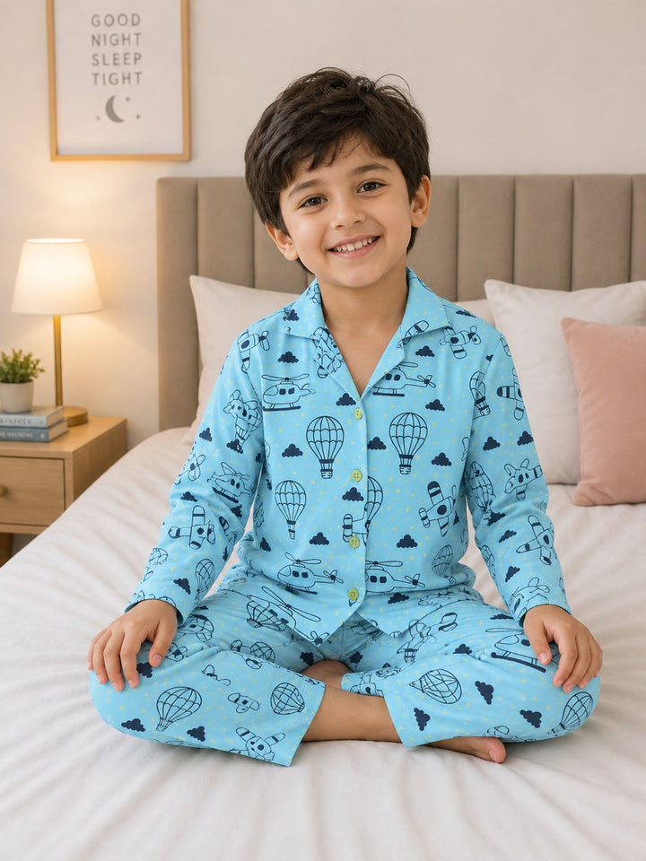 Flying Dreams Glow In The Dark Light Blue Print Long Sleeve Kids Night Suit