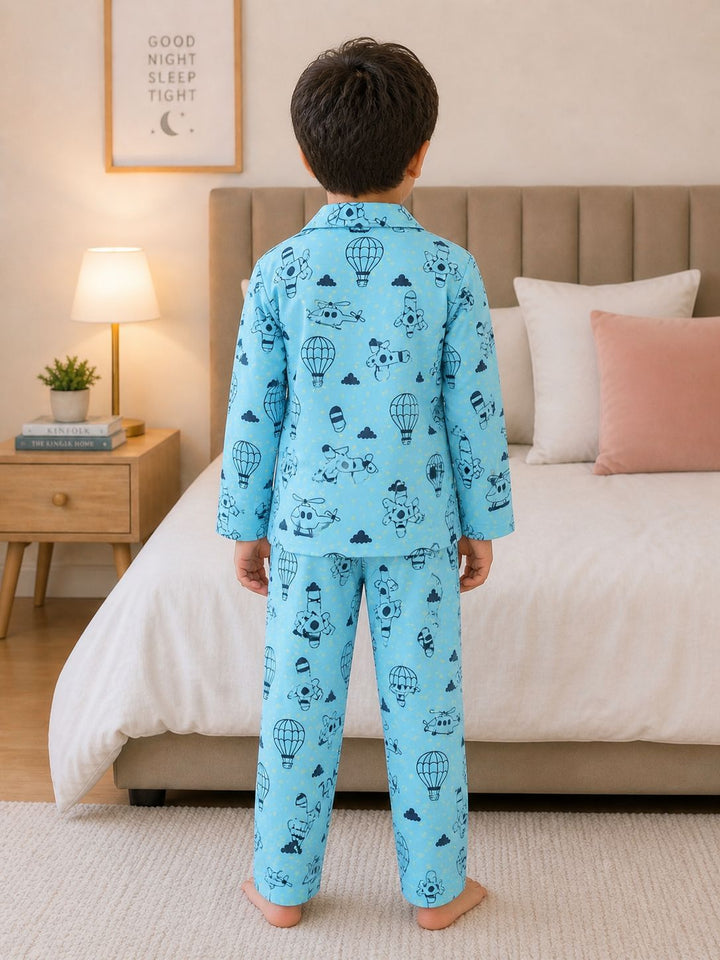 Flying Dreams Glow In The Dark Light Blue Print Long Sleeve Kids Night Suit