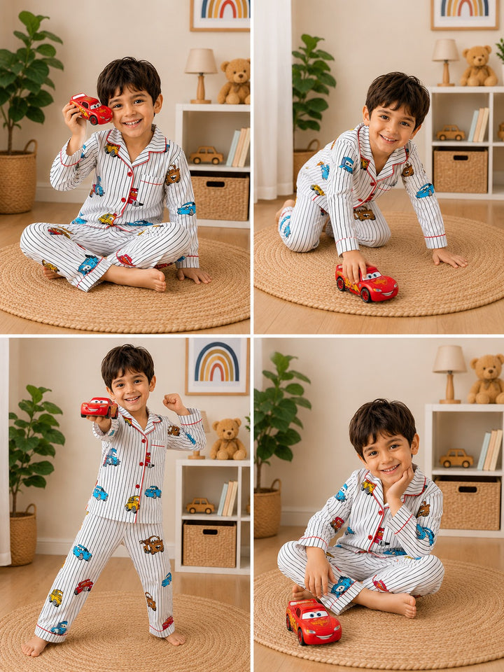 Little Racer Print Long Sleeve Kids Night Suit
