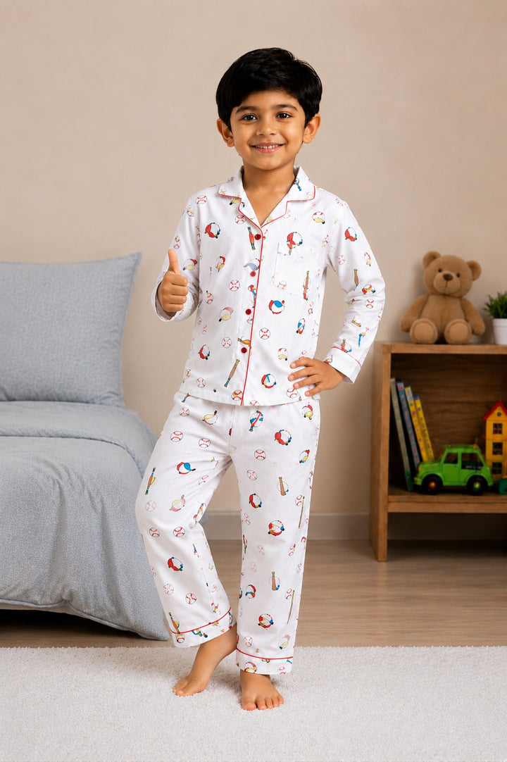 Baseball Champ Print Long Sleeve Kids Night Suit