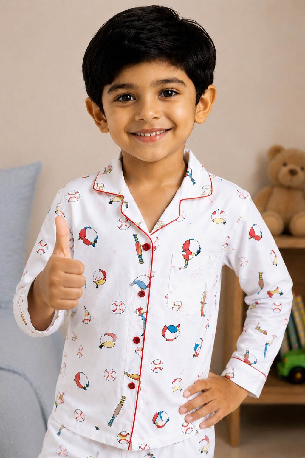 Baseball Champ Print Long Sleeve Kids Night Suit