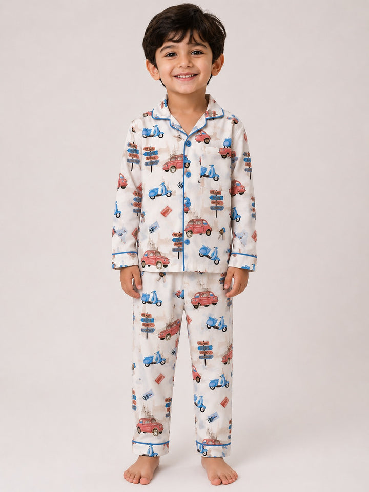 Little Roadster Print Long Sleeve Kids Night Suit