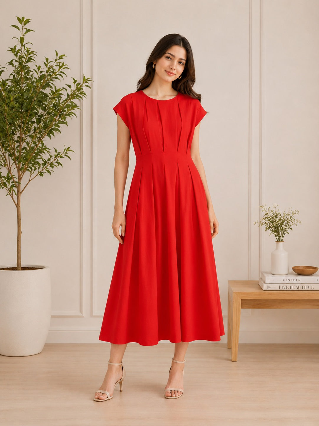 Women's Pleated Fit & Flare Midi Dress.