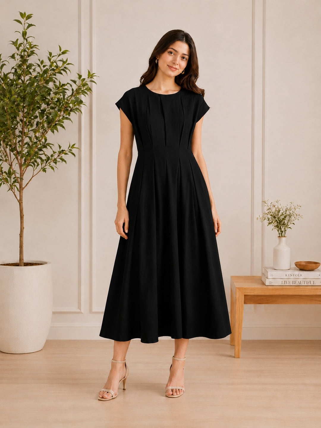 Women's Pleated Fit & Flare Midi Dress.