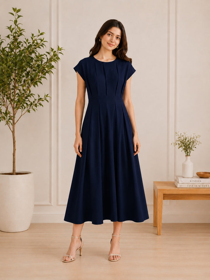Women's Pleated Fit & Flare Midi Dress.
