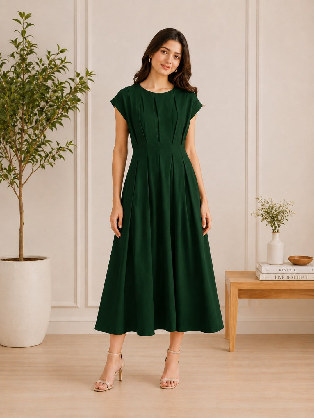 Women's Pleated Fit & Flare Midi Dress.