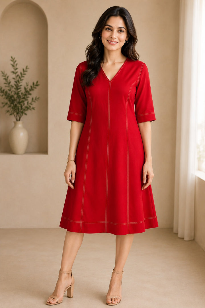 Contrast Stiching V Neck Women's Dress