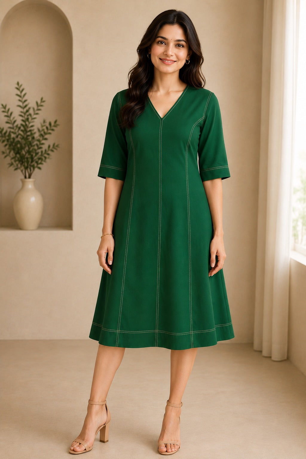 Contrast Stiching V Neck Women's Dress