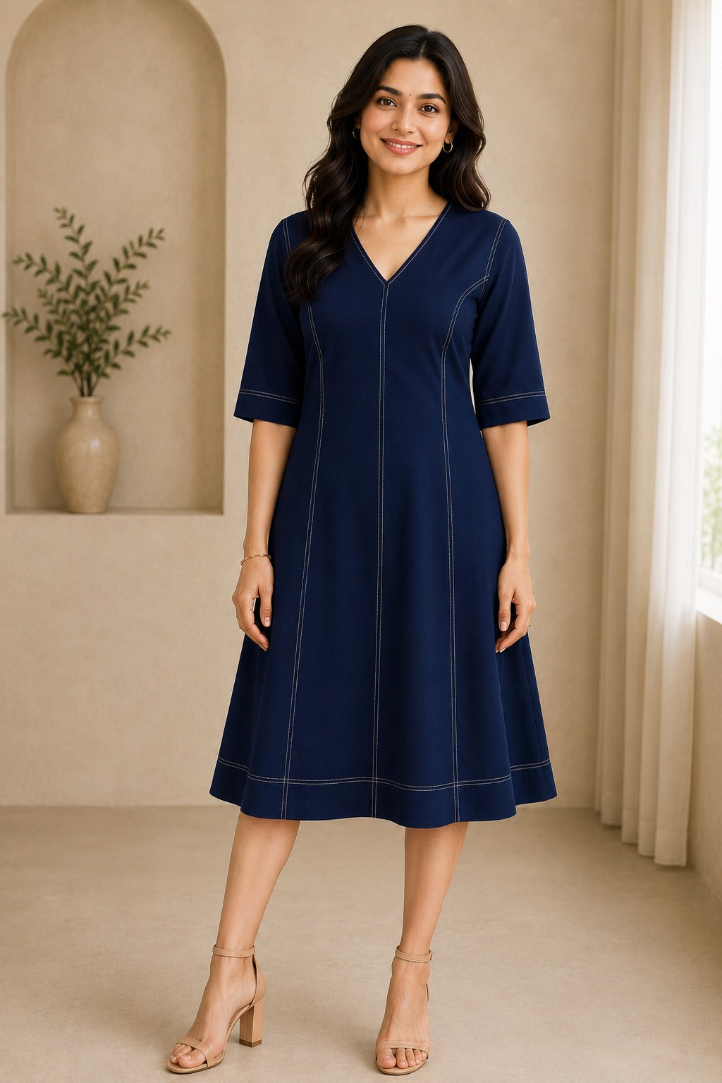 Contrast Stiching V Neck Women's Dress