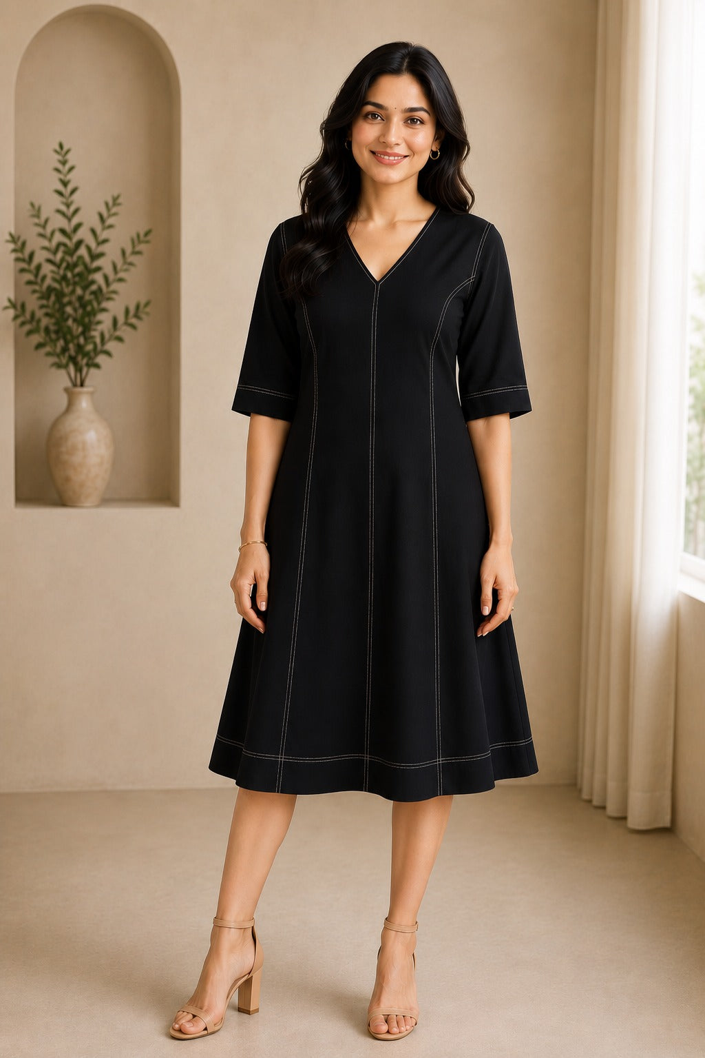 Contrast Stiching V Neck Women's Dress