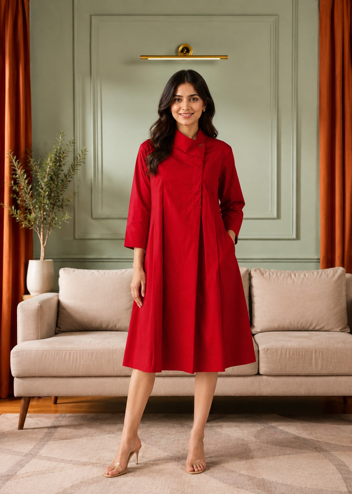 Long Sleeve Collared Neck Swing Dark Dress with Pockets