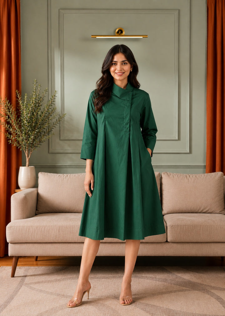 Long Sleeve Collared Neck Swing Dark Dress with Pockets