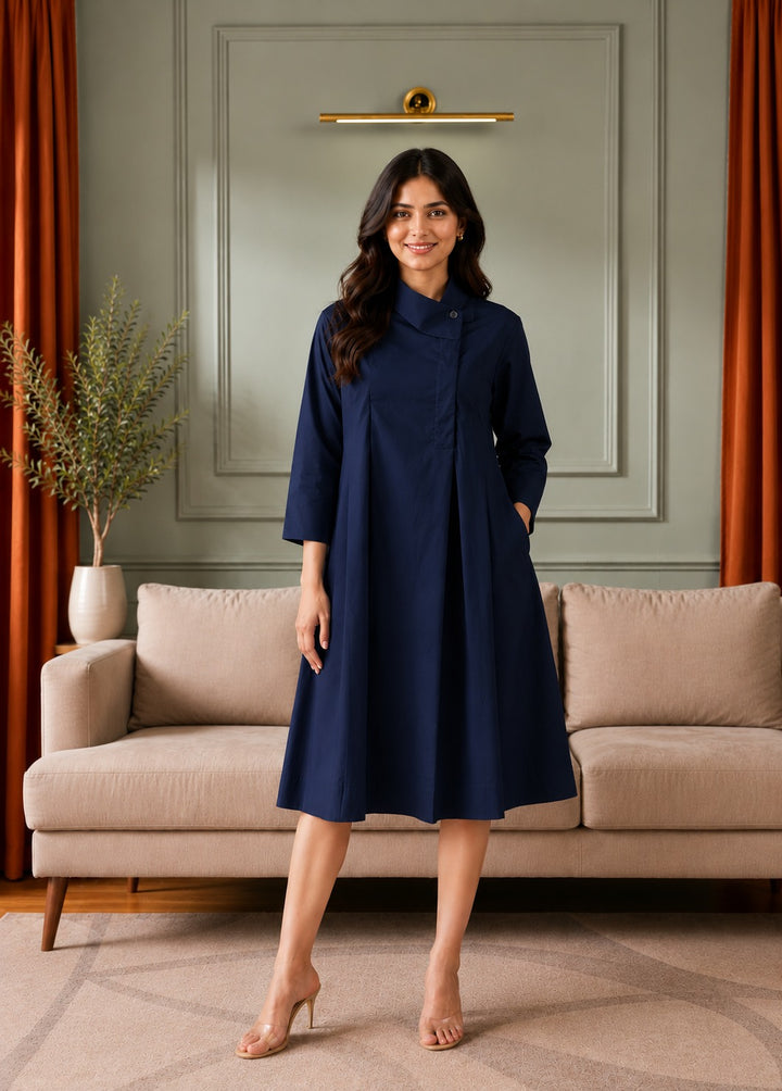 Long Sleeve Collared Neck Swing Dark Dress with Pockets