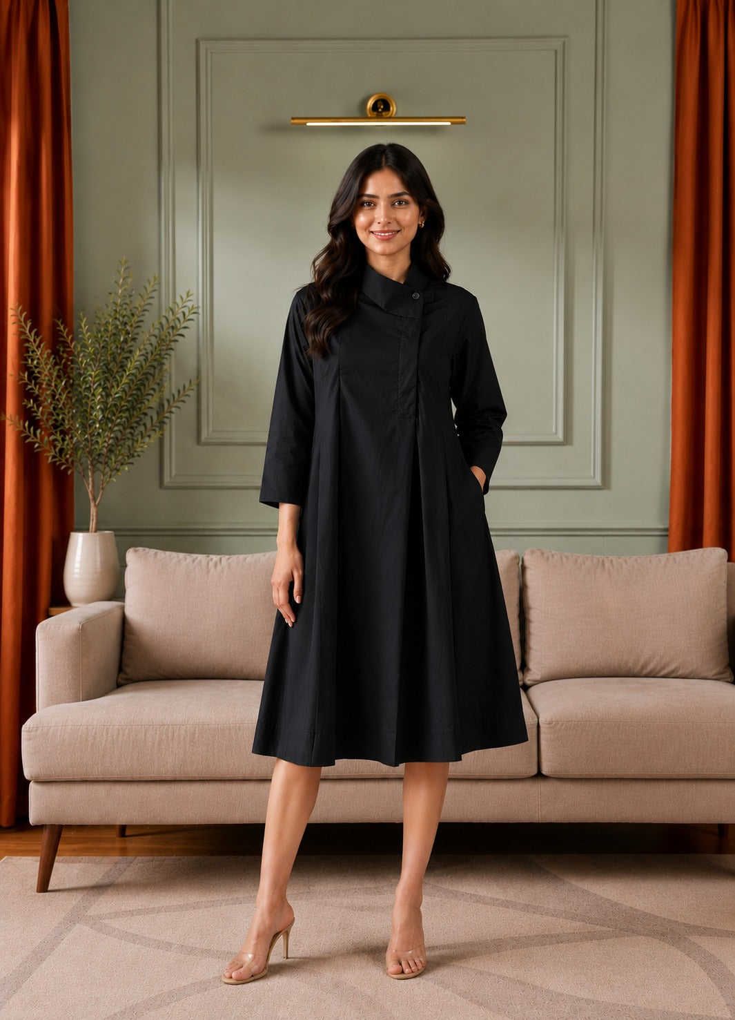 Long Sleeve Collared Neck Swing Dark Dress with Pockets