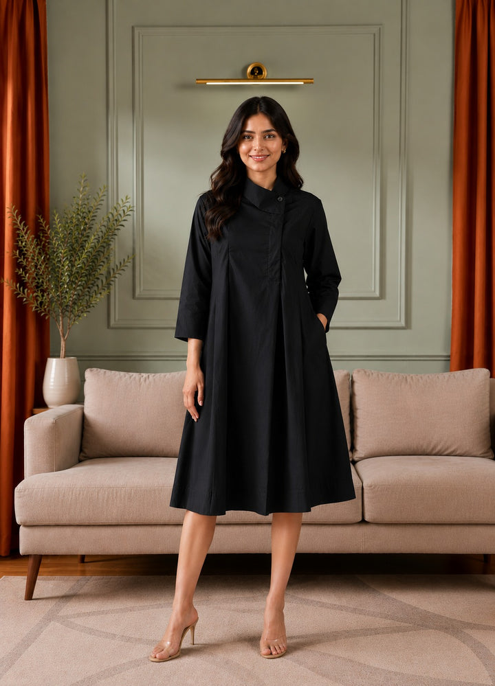 Long Sleeve Collared Neck Swing Dark Dress with Pockets