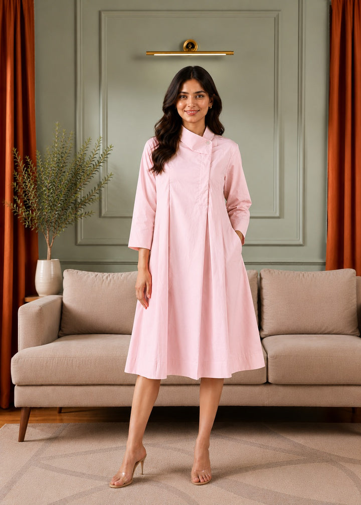 Long Sleeve Collared Neck Swing Dark Dress with Pockets