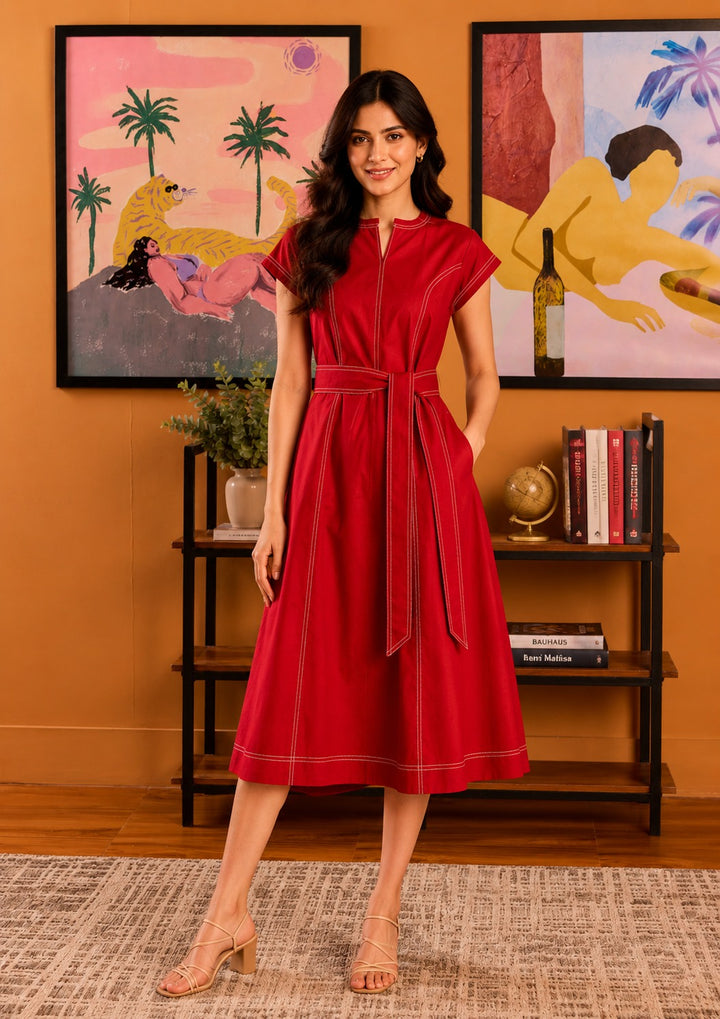 Contrast Stitch Short Sleeve Color Dress with Pockets and Belt