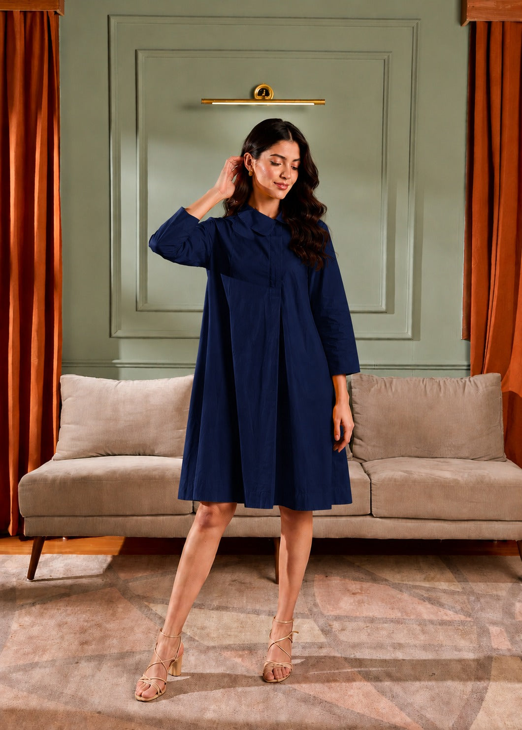 Long Sleeve Collared Neck Swing Dress with Pockets