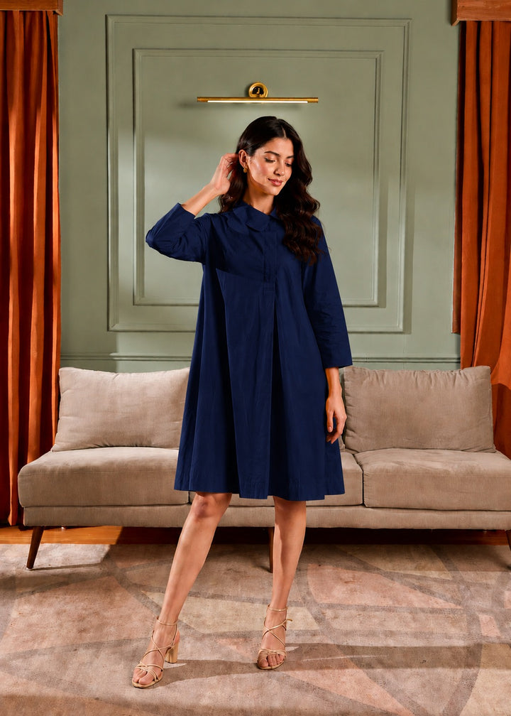 Long Sleeve Collared Neck Swing Dress with Pockets