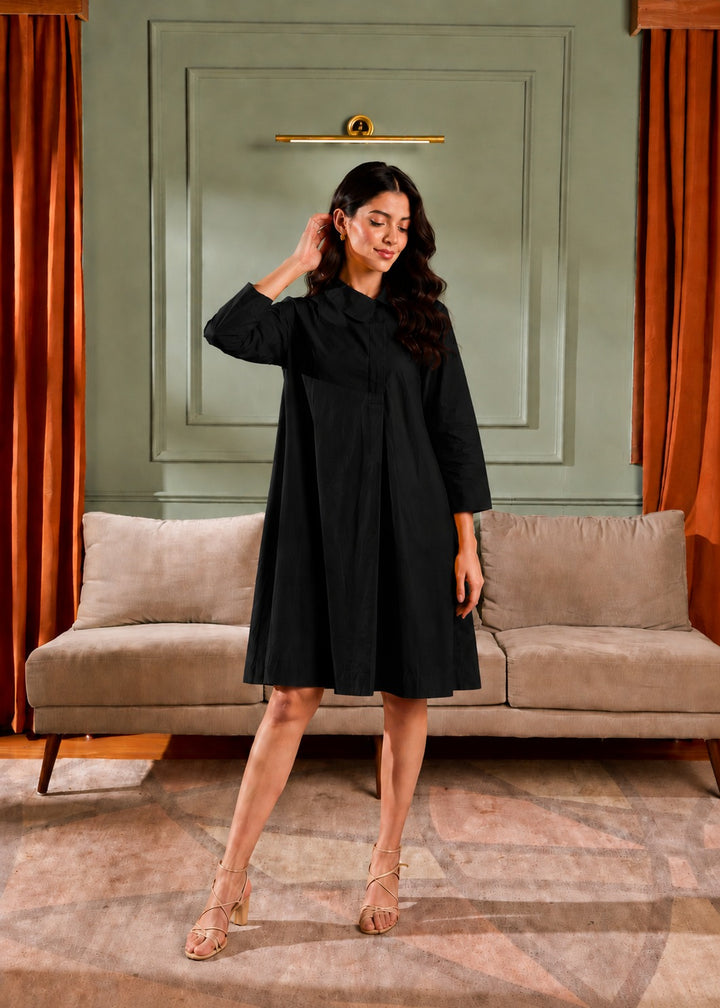 Long Sleeve Collared Neck Swing Dress with Pockets