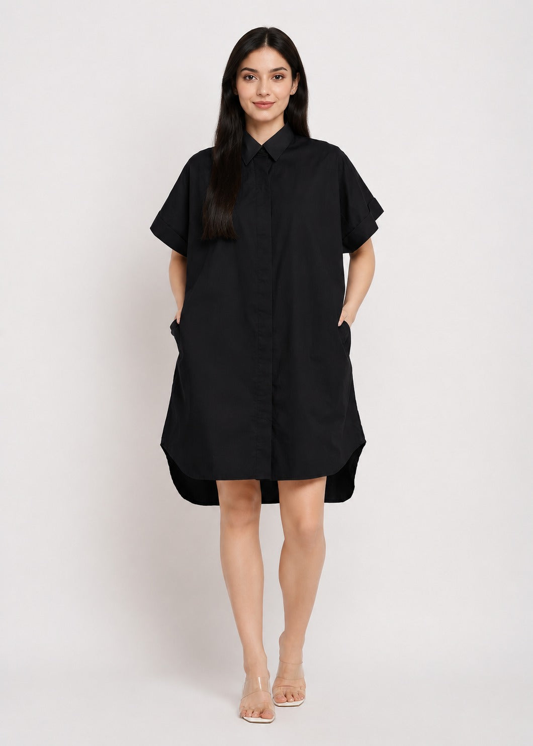 Solid Shirt Dress with Pockets