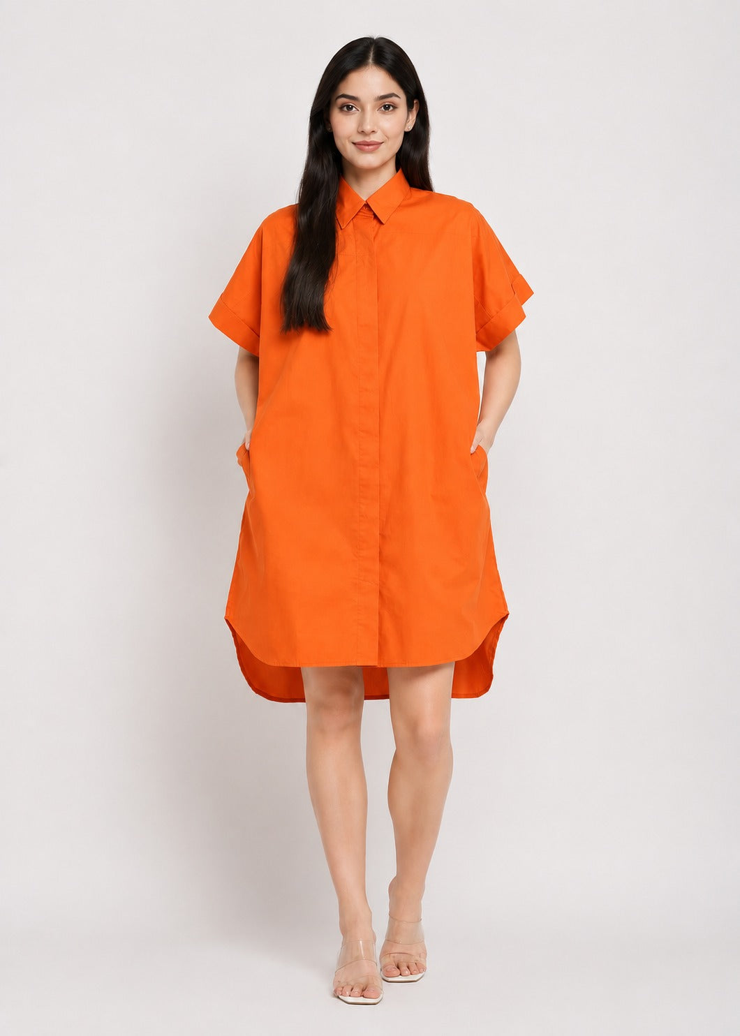 Solid Shirt Dress with Pockets