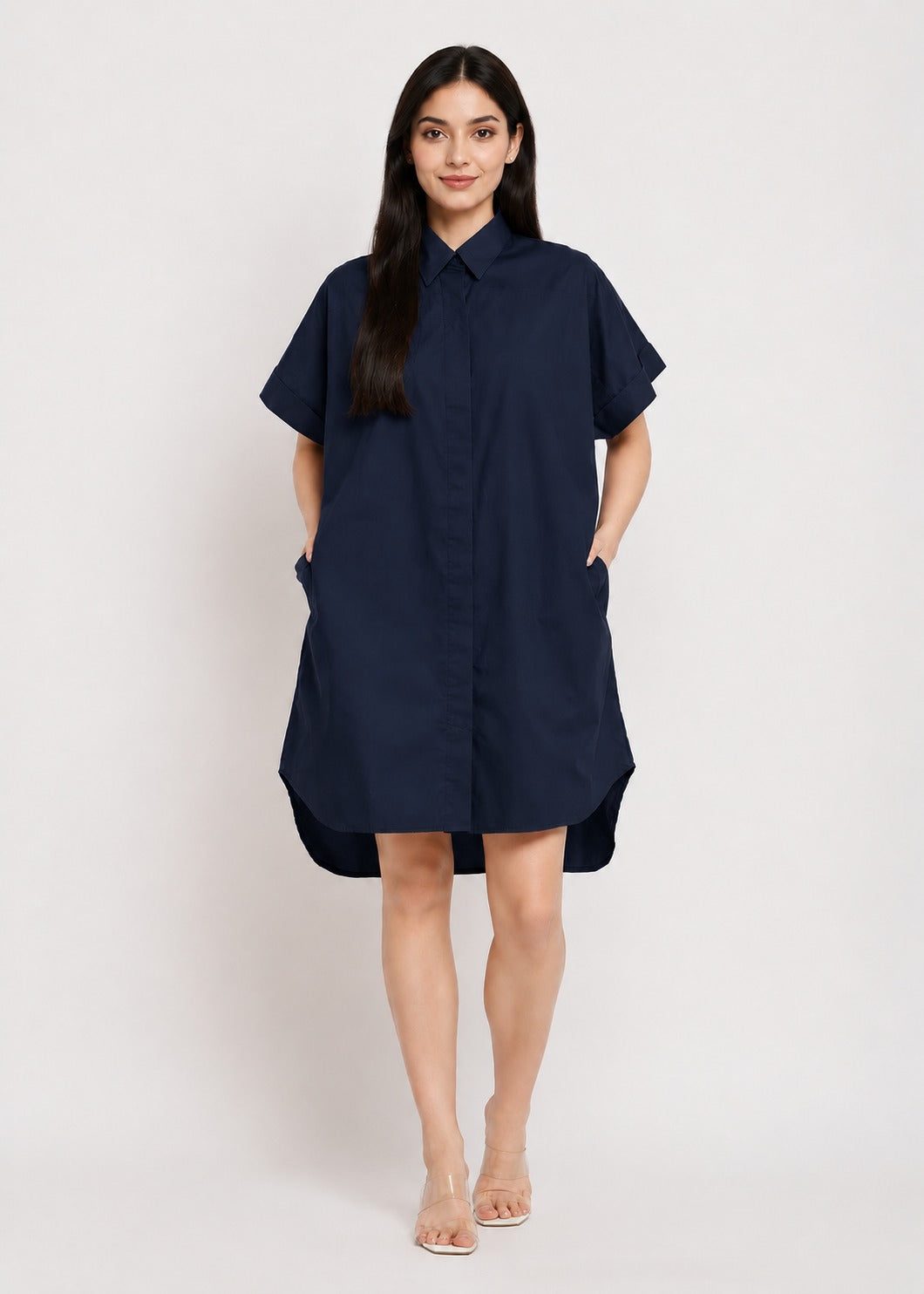 Solid Shirt Dress with Pockets