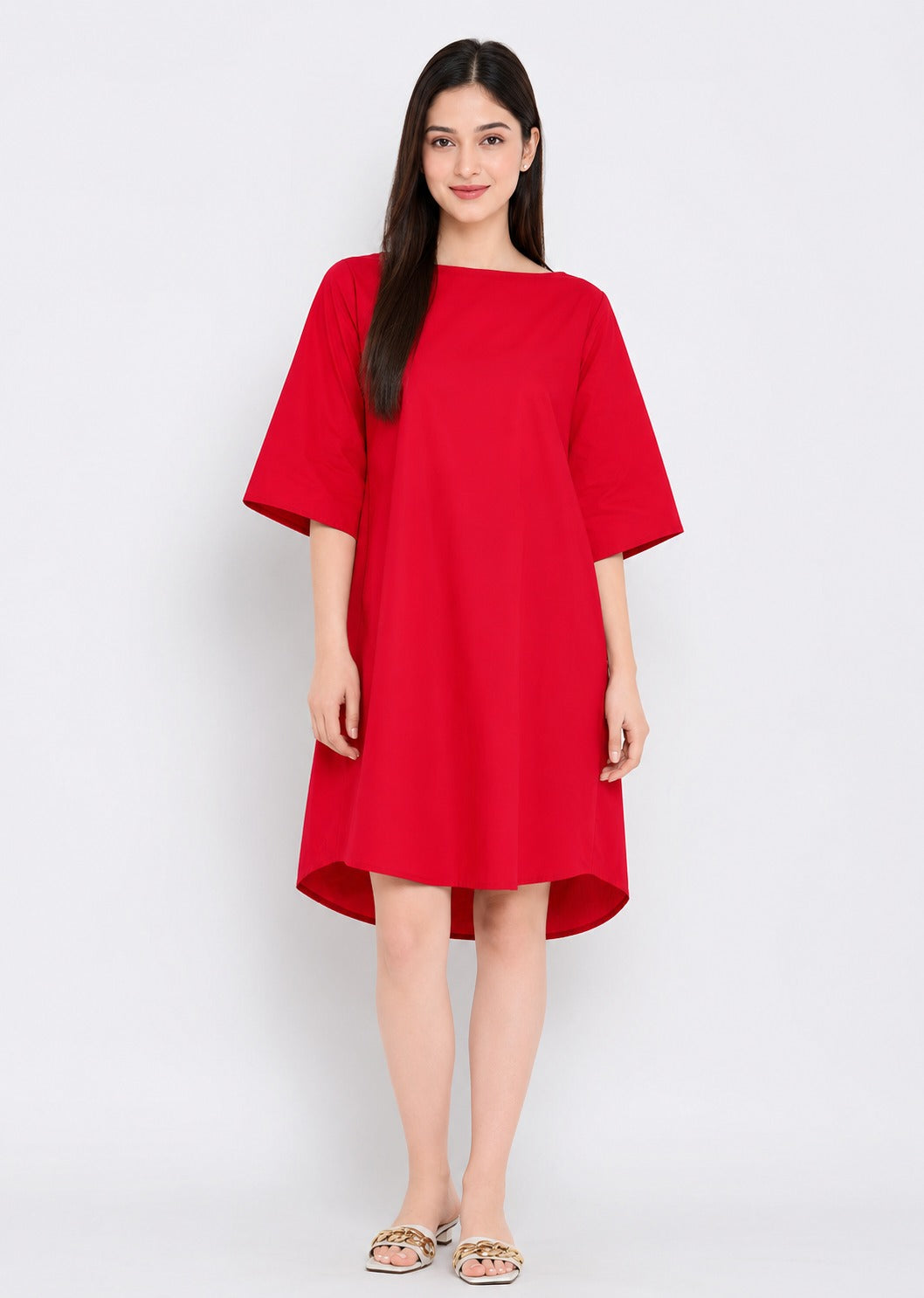 Solid Boatneck Dress with Pockets