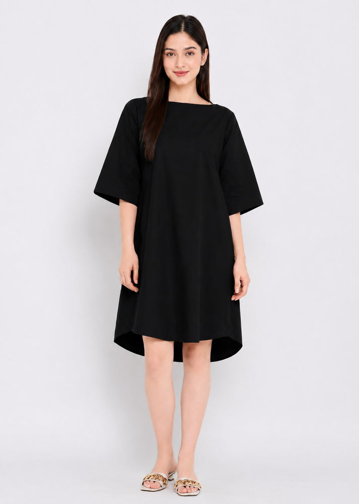 Solid Boatneck Dress with Pockets
