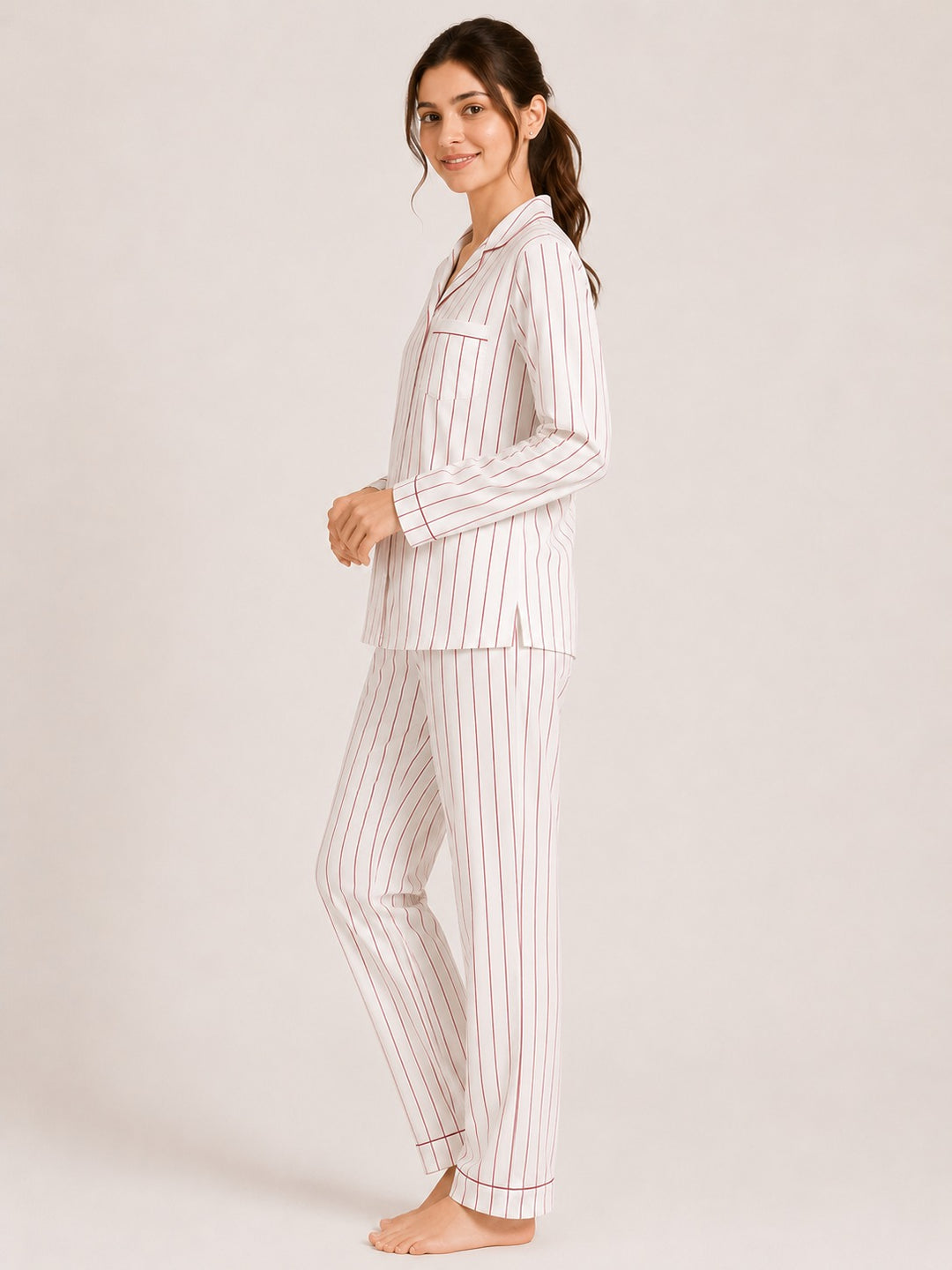 Cherry Pinstripe Long Sleeve Women's Night Suit