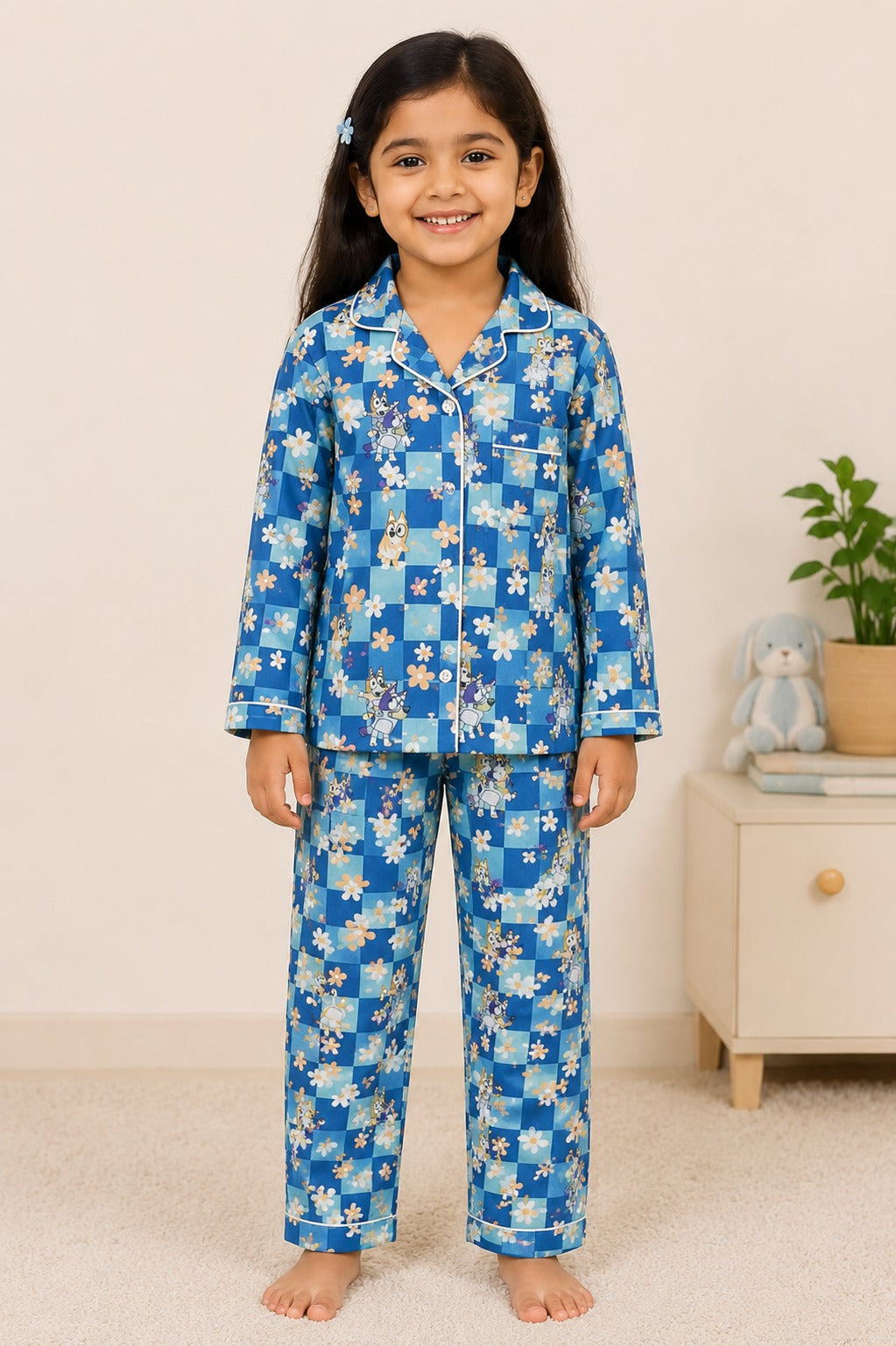 Blue Meadow Print Long Sleeve Night Suit
