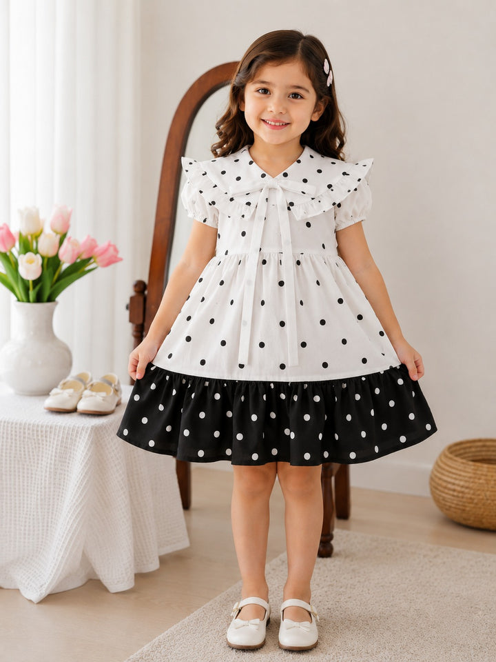 Black & White Polka Dot Ruffle Collar Bow Dress