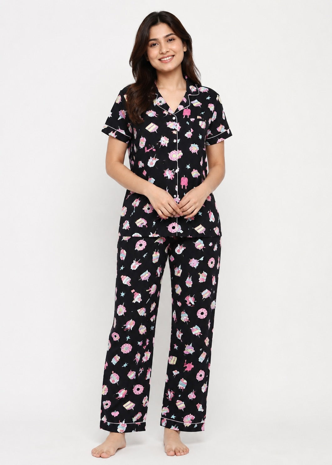 Black Unicorn Print  Short Sleeve Women's Night Suit