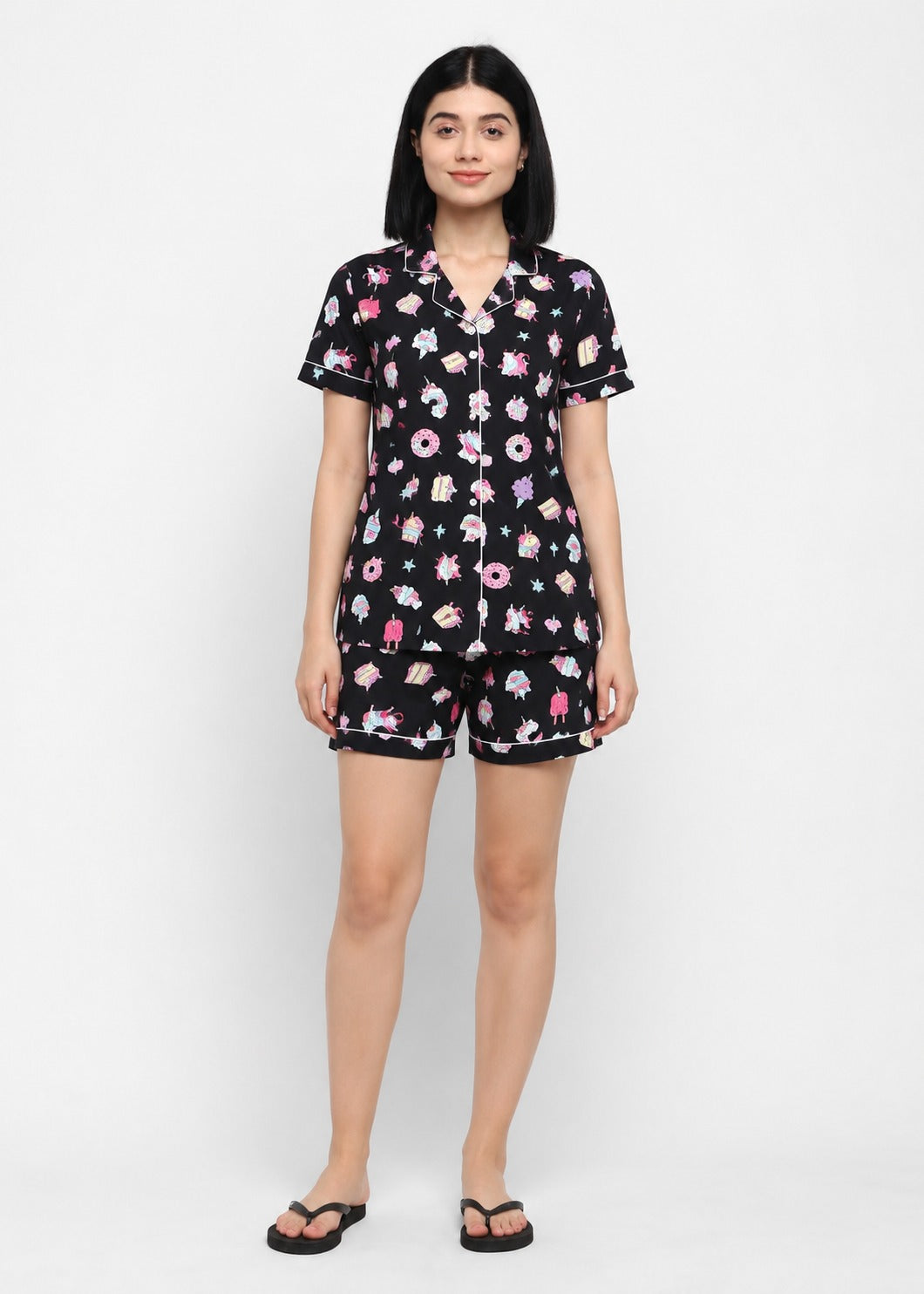 Black Unicorn Print  Short Sleeve Women's Shorts Set