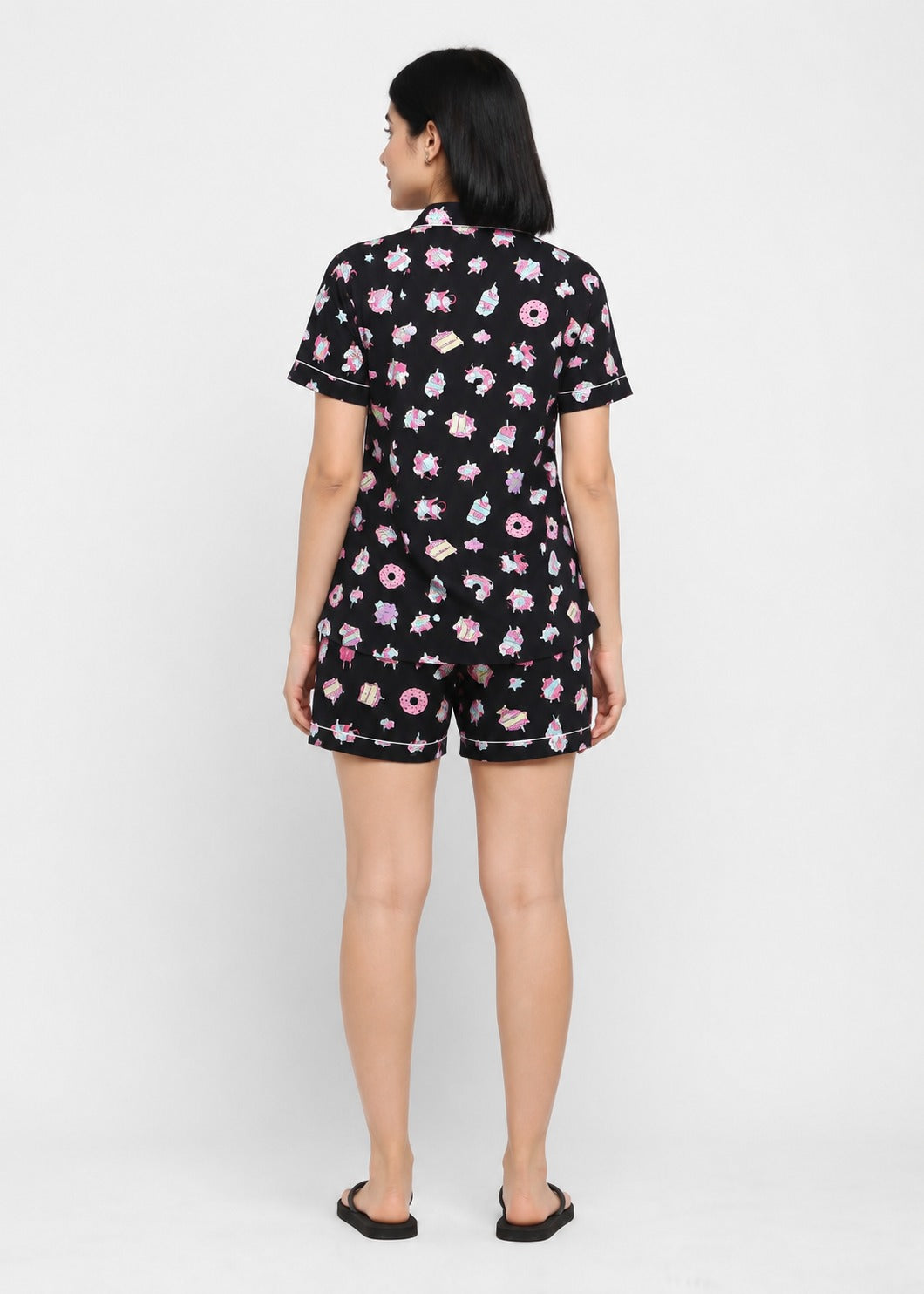 Black Unicorn Print  Short Sleeve Women's Shorts Set