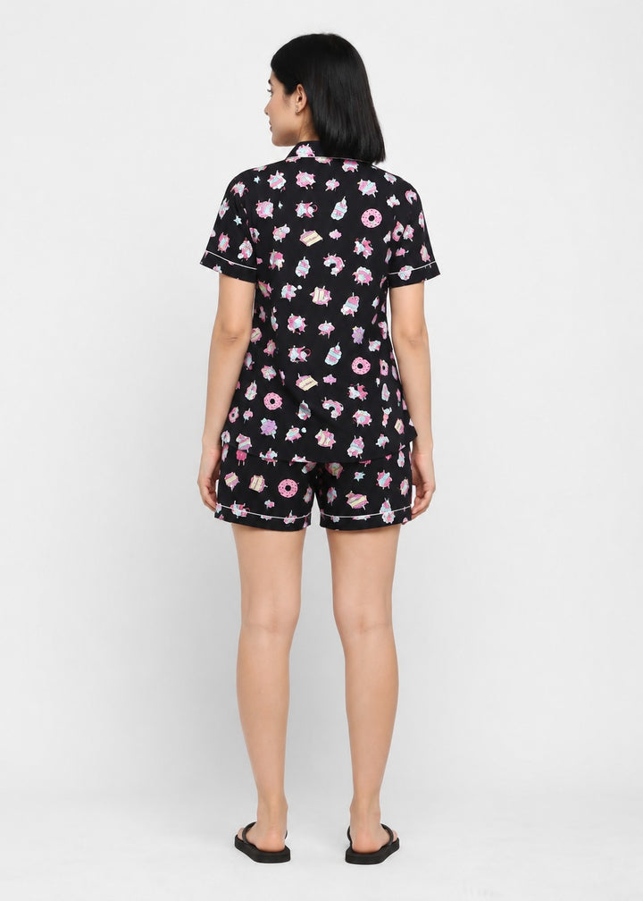 Black Unicorn Print  Short Sleeve Women's Shorts Set