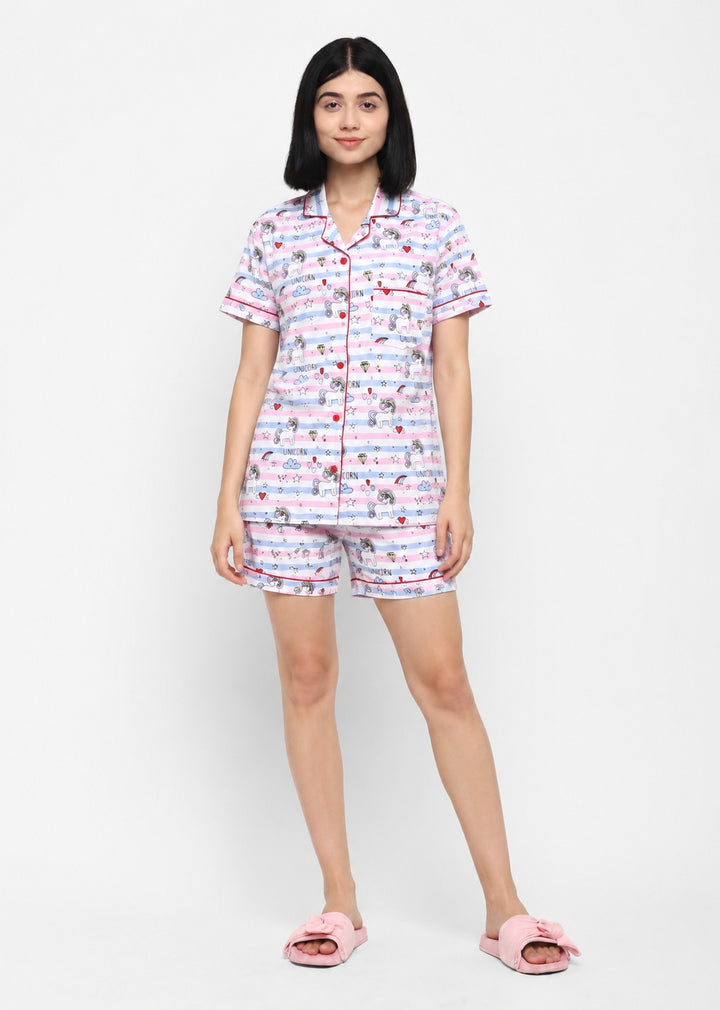Unicorn Diamond Print Short Sleeve Women's Short Set