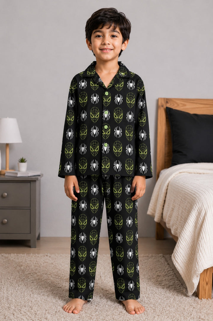 Spider Spark Glow in the Dark Print Long Sleeve Kids Night Suit