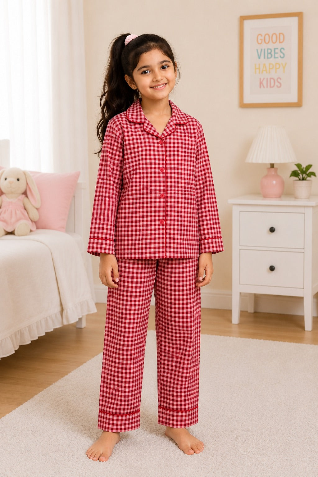 Rosy Gingham Print  Long Sleeve Night Suit