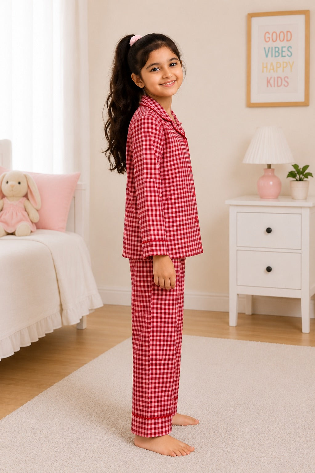 Rosy Gingham Print  Long Sleeve Night Suit