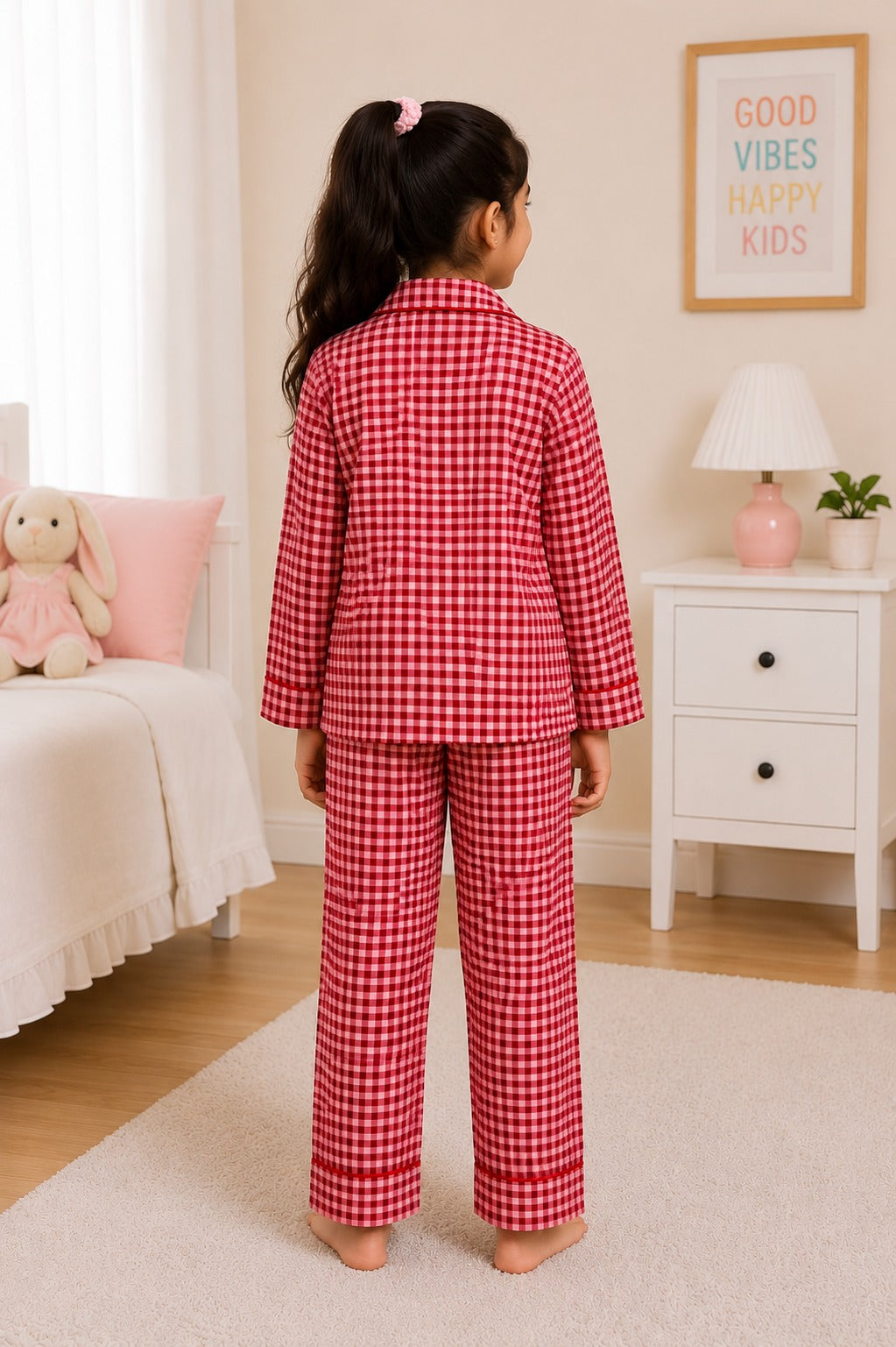 Rosy Gingham Print  Long Sleeve Night Suit
