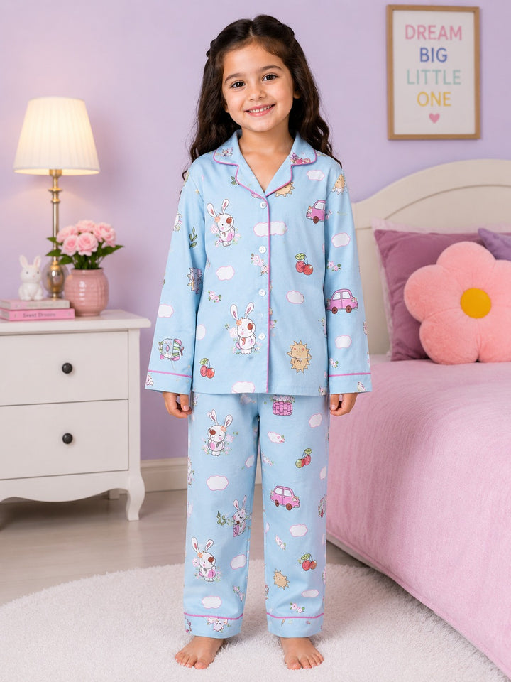 Sweet Bunny Wheels Print  Long Sleeve Night Suit