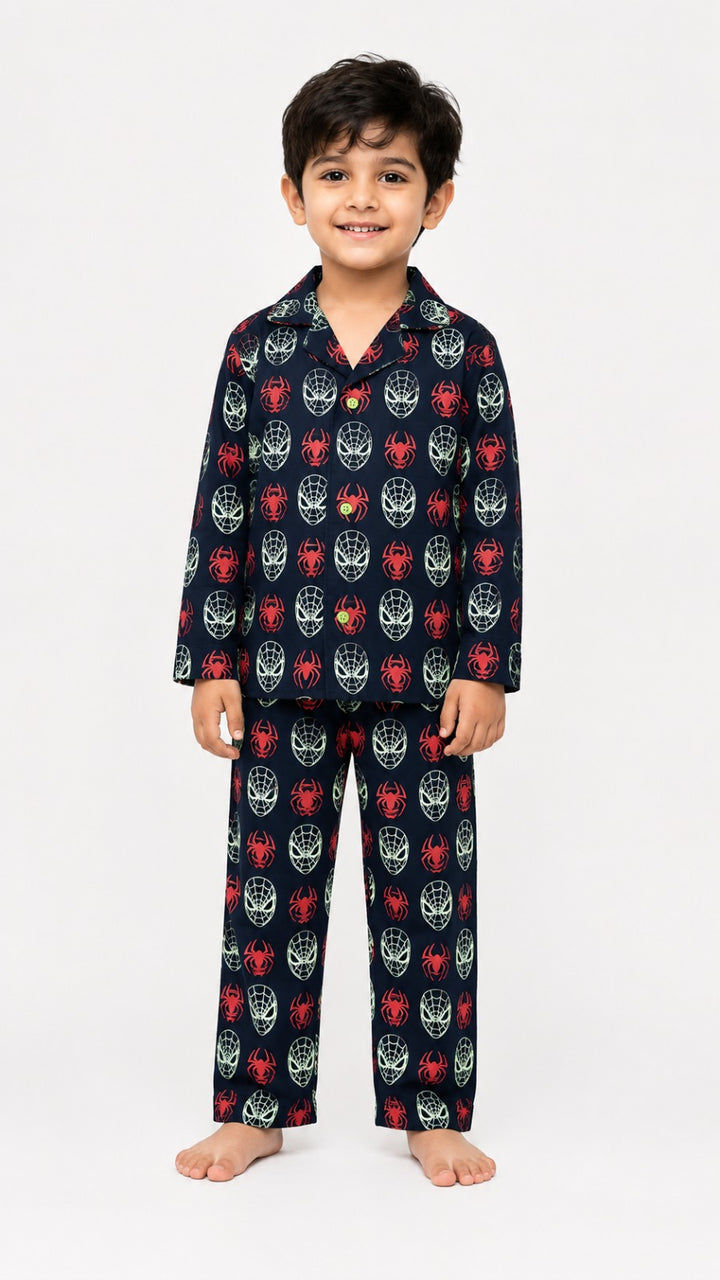 Spider Spark Glow in the Dark Print Long Sleeve Kids Night Suit