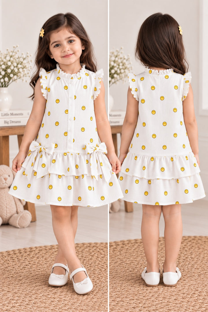 White Ruffle Dress with Yellow Smiley Print & Bows