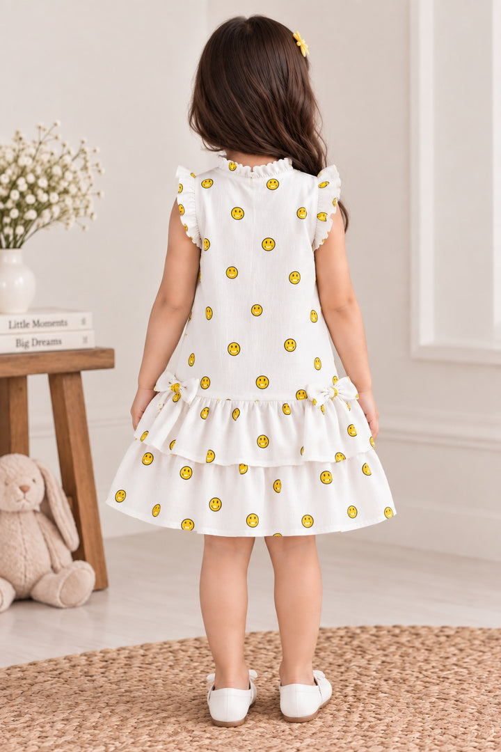 White Ruffle Dress with Yellow Smiley Print & Bows