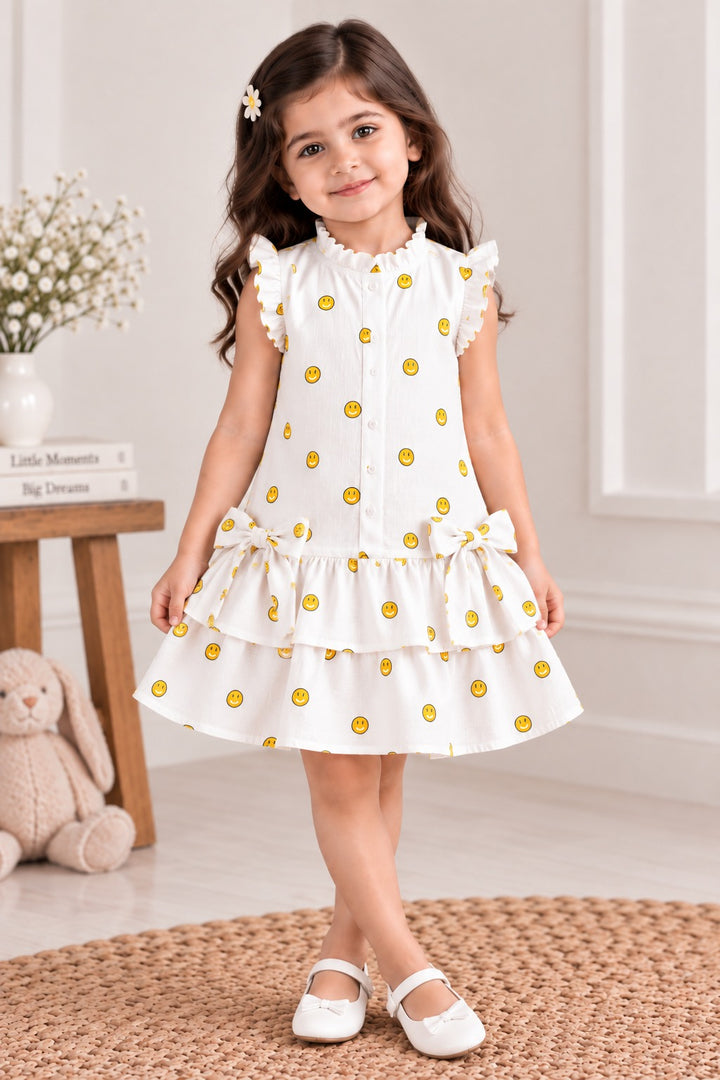 White Ruffle Dress with Yellow Smiley Print & Bows