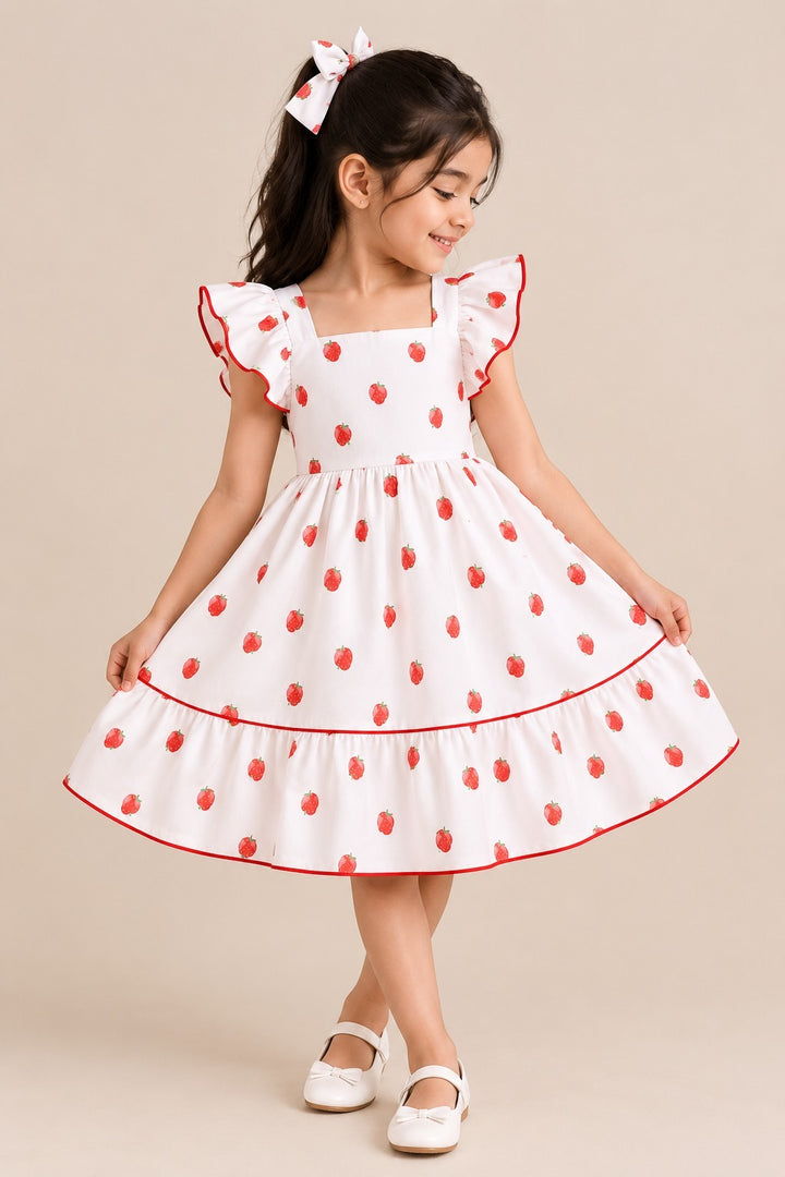 White Strawberry Print Ruffle Sleeve Flared Dress