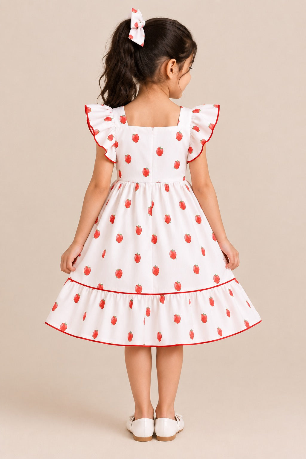 White Strawberry Print Ruffle Sleeve Flared Dress